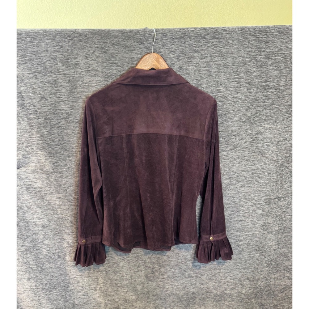 Trousers Etc New York Plum Faux Suede Ruffle Cuff Button Down Top Blouse Size 12 - Picture 3 of 4